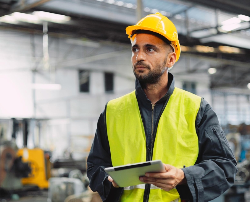 Front view of a construction worker holding a smart tablet