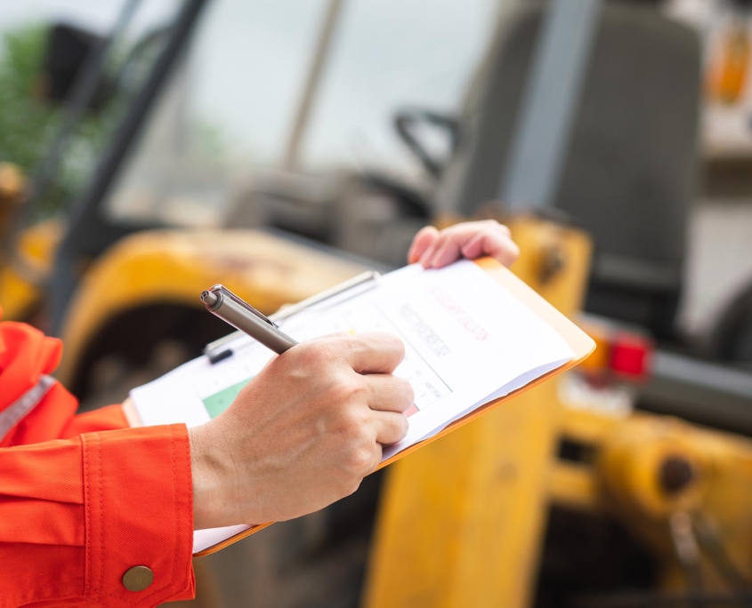 Side view of a construction worker recording data on a clipboard