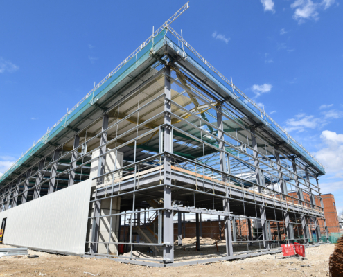 Side view of a new commercial building construction