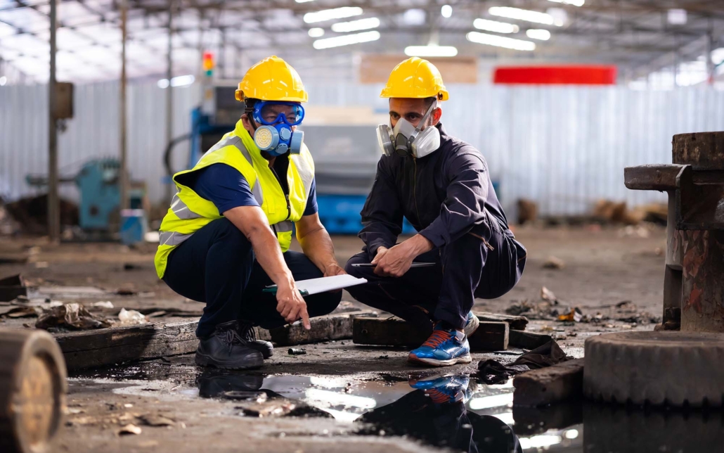 Professionals inspecting damage in industrial property